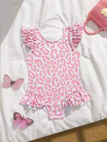 SHEIN Baby Girls' Beachwear One-Piece Swimsuit, Cute & Conservative Knit Fabric, Playful Pink Leopard Print, Ruffled Sleeves Design, Suitable For Swimming, Summer Vacation, Beach, Pool, Holiday Party - Pink - View 3