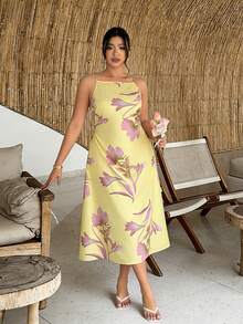 Firerie Plus Size Elegant Floral Print Camisole Dress, Suitable For Commuting Floral Dress Women Elegant Women Sundress Summer Elegant Dress Orchid Dress Women Sun Dresses Spring/Summer Casual Vacation Dress For Women Spring/Summer Elegant Dress For Women, Spring Clothing Wedding Dress For Women - Yellow - View 9