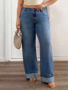 Plus High Waist Folded Hem Straight Jean - Medium Wash - View 2