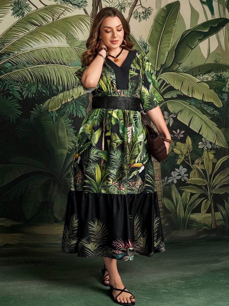 Plus Size Women Tropical Plant Print V-Neck Short Sleeve Casual Dress Summer Outfits Beach Vacation Outfits For Women Floral Dress BOHO Clothes Reflora Plus Size Elegant Dress Plus Size Spring Dress Plus Size Vacation Casual Dress Women's Plus Size Dresses Plus Size Women's Summer Outfits Summer Outfits For Women Beach Outfit For Women Casual Vacation Outfits Women Country Concert Outfit Peplum