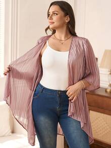 EMERY ROSE 大码优雅通勤不对称下摆条纹夹克，春夏款 - 藕粉色 - 查看 8