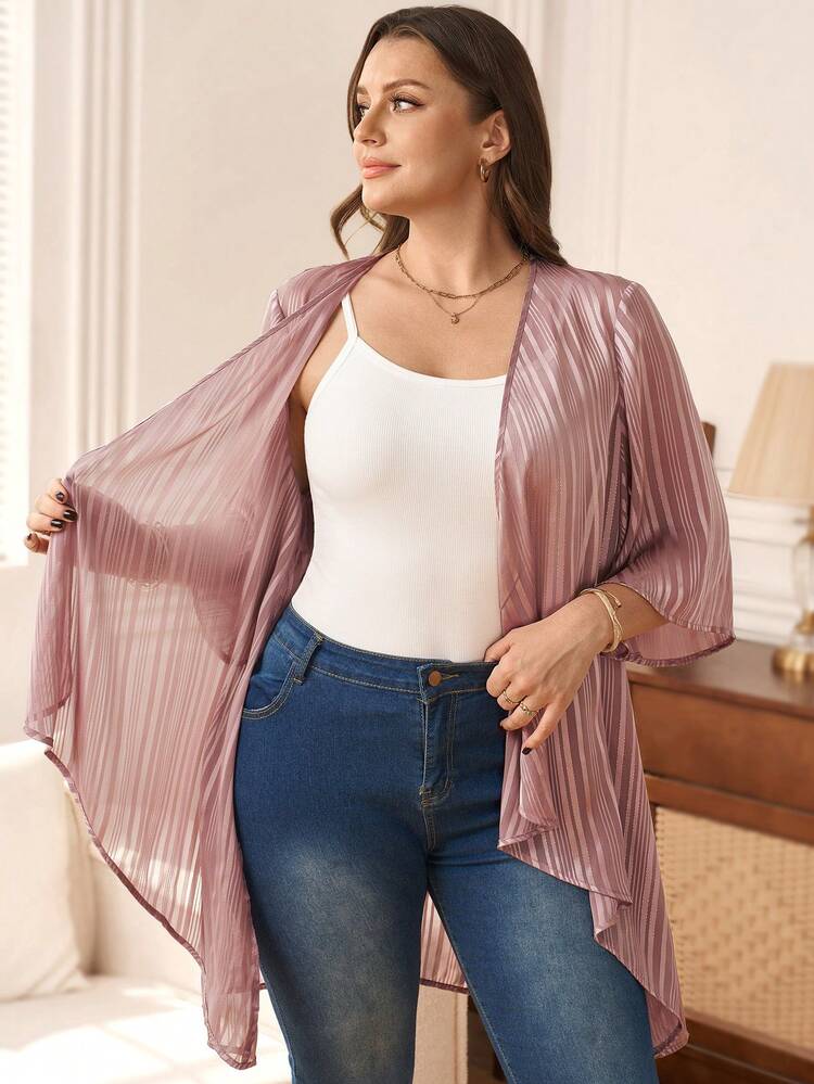 Plus Size Elegant Commuter Asymmetric Hem Striped Jacket, Spring/Summer Plus Size Women Clothes Summer Cardigan Plus Size Plus Size Cardigan Summer Outfits  Beach Vacation Outfits For Women  Formal Attire For Women BOHO Clothes Women Casual Outfits Cardigans For Women Plus Size Women Plus Size Tops