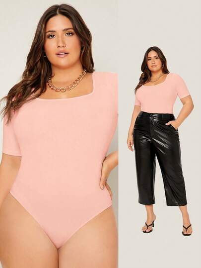 EMERY ROSE Plus Size Women Solid Color Fitted Casual Bodysuit
