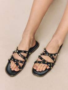 Styleloop Dép đế bằng mùa hè thời trang mới, đa năng, kiểu dáng đinh tán, giày nữ đi biển, nghỉ mát, phong cách bohemian, đồ không thể thiếu khi đi du lịch, trang phục mùa hè, không khí nghỉ dưỡng. - màu đen - Xem 4