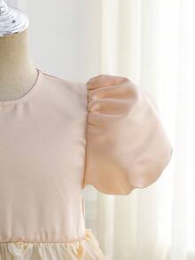 SHEIN Girls' Satin Dress,Lantern Sleeves,Floral Decor,Elastic Waist,Flower Girl,Wedding,Performance,Party Ball,All Seasons,Pink,Summer,7th Birthday,Holiday - Apricot - View 5