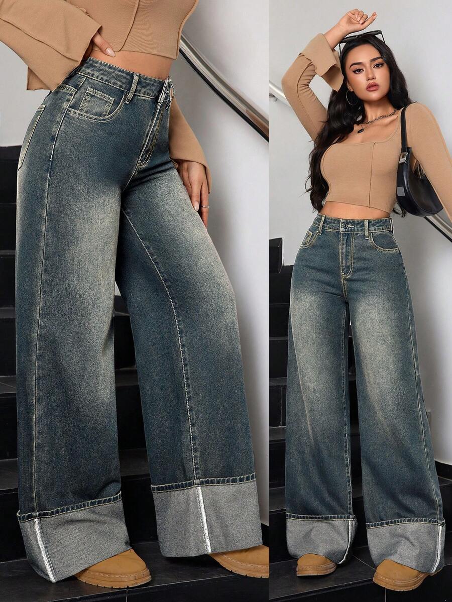 SHEIN Tall 冬季女款休閒水洗復古時尚翻邊設計寬腿牛仔褲,適合高個女性 - 中等水洗藍 - 查看 1