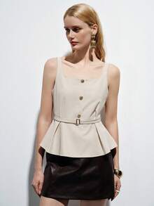 Aveloria Modichic High-Quality Chiffon Fabric, Minimalist Style In Milky White, Square Neckline Design, Wooden Buttons, Waist Tie, Pleated Hem, Lightweight And Flowing, Flattering A-Line Silhouette, Comfortable, Korean Fashion, Suitable For Commuting, Casual City Wear, Afternoon Coffee Dates, Spring/Summer Gatherings, Versatile. European And American Style New Spring/Summer Fashion Casual Sleeveless Top With Metal Buckle Waist Belt, Solid Color - Beige - View 3