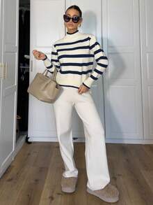 Ronhire 女士秋冬条纹立领落肩长袖休闲毛衣 - 藏蓝色 - 查看 6