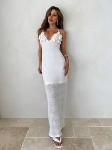 Aloruh 女士新款纯白色超长3D立体花卉露背交叉肩带V领吊带连衣裙，适合度假、海滩、海边穿着 - 白色 - 查看 5