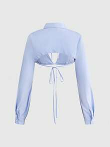ROMWE Kawaii Fashionable Tie-Neck Asymmetrical Long Sleeve Blouse For Women - Baby Blue - View 2