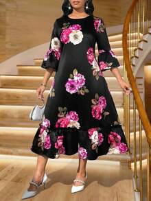 SHEIN Lady 浪漫优雅印花荷叶边连衣裙 - 黑色 - 查看 4