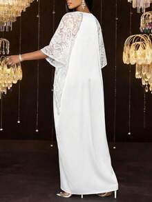 SHEIN Lady Women's Contrast Lace Raglan Sleeve Dress, Elegant - Red - View 2