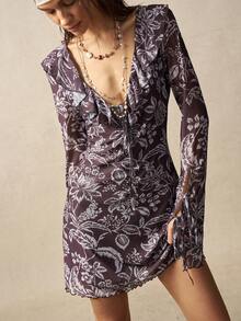 Bohemela Women's Summer Leisure Vacation Romantic Elegance French Beach Bohemian Country Music Festival Western Retro Sexy Paisley Print Ruffle Mini Dress, Summer Outfits For Women,Free And Relaxed Style Of Dressing,Beach Outfit,Summer Vacation Outfits, Party Outfit - Brown - View 2