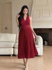 Feyla Vestido midi sin mangas de unicolor elegante con flores 3D para mujer - Rojo - Ver 6