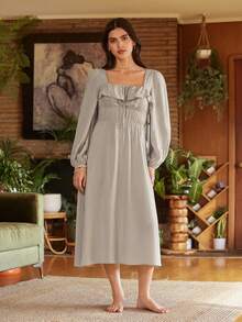 Lullawish 波西米亚风荷叶边灯笼袖蝴蝶结设计长款女士睡裙 - 灰色 - 查看 5