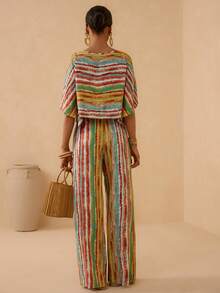 Vesra Conjunto de 2 piezas de top de manga de murciélago a rayas de estilo vacacional colorido + pantalones de pierna ancha a juego - Multicolor - Ver 2