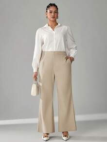 SHEIN Tall CURVE Plus Size Women Solid Color Pocket Flare Loose Casual Commuter Pants - Apricot - View 5