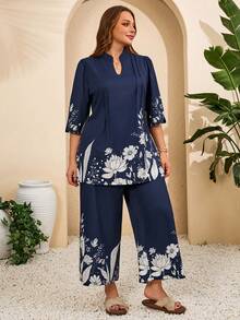 EMERY ROSE Conjunto de 2 piezas de camisa y pantalón de talla grande con estampado floral en azul marino - Azul Marino - Ver 3