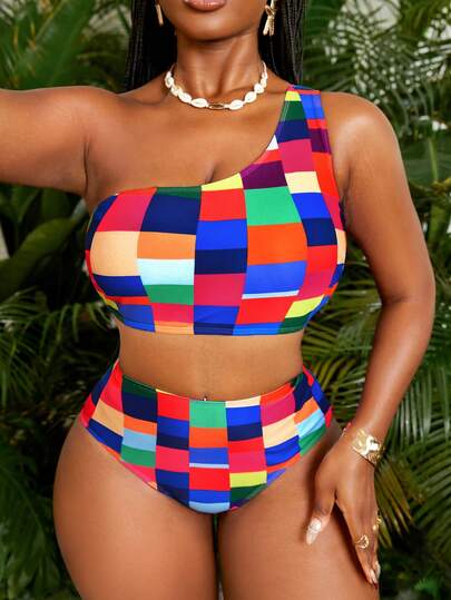 Slaydiva Plus Size Women 2pcs Colorful Plaid Print One Shoulder Tankini Swimwear Set, Beach Holiday