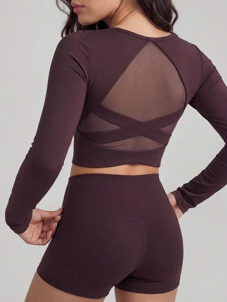 Sexy Cross-Back Long Sleeve Yoga Jumpsuit, Supportive Bust Design, Outdoor Sports Activewear Top