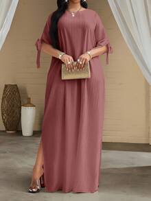 SHEIN Lady 假日连衣裙 大码白色短袖女式睡袍 宽松垂坠假日新娘送礼会礼服 沙滩女式高挑长款修身连衣裙 - 藕粉色 - 查看 3