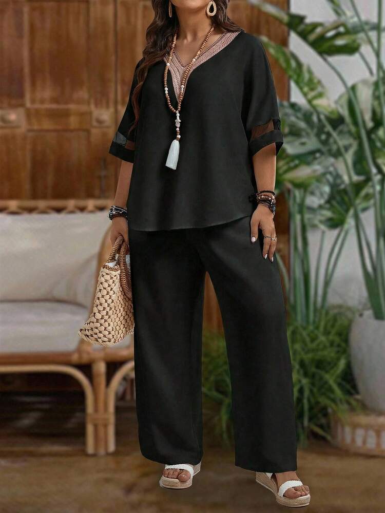 Plus Size Vacation Casual Mesh Patchwork Shirt And Pants 2 Pieces Set