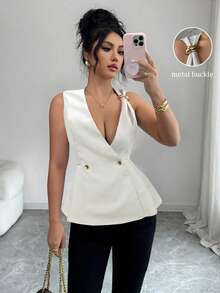 SHEIN Elenzya Top sin mangas con diseño asimétrico de hombro, decoración metálica, cintura con volantes y bajo en línea A para mujer, para otoño/invierno - Caqui - Ver 4