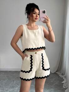 Selianne Women's Elegant Square Neck Sleeveless Crop Top With Contrast Tape Trim And Straight Leg Shorts 2-Piece Set, Spring/Summer - Apricot - View 4