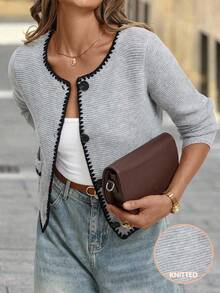 Solivie Women's Elegant Gray Knitted Cardigan, Contrast Color Stylish Cardigan For Autumn/Winter Back To School Fall Gray Cardigan - Grey - View 2