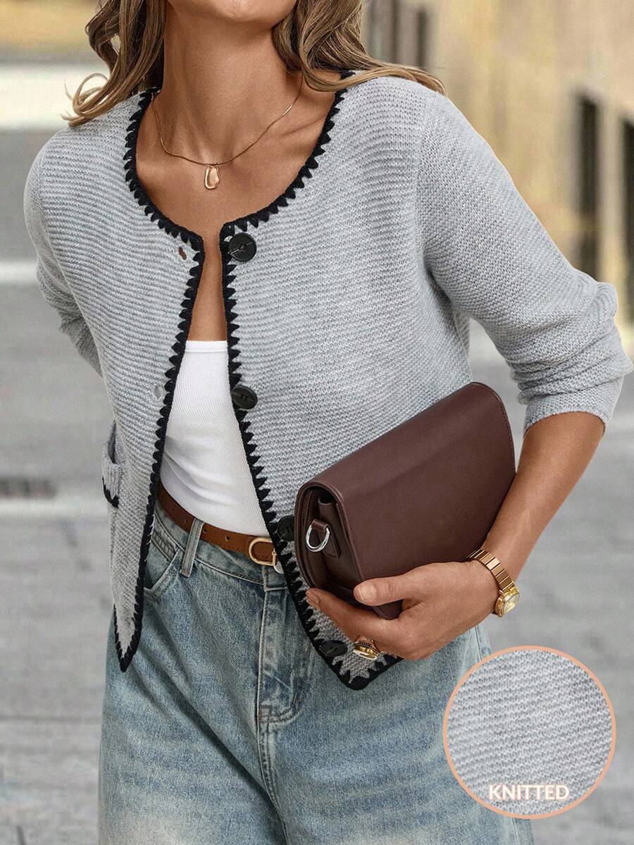 Solivie Women's Elegant Gray Knitted Cardigan, Contrast Color Stylish Cardigan For Autumn/Winter Back To School Fall Gray Cardigan