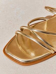 SHUZIA Women's Square Toe Multi-Strap Metallic PU Gold Slide Sandals – Minimal, & Comfortable - Gold - View 6