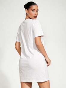 SHEIN BASICS Women's Solid Color Round Neck Casual Commute Short Sleeve Dress Summer Dresses For Women - White - View 3