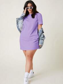 EMERY ROSE Plus Short Sleeve Solid Tee Dress - Violet Purple - View 4