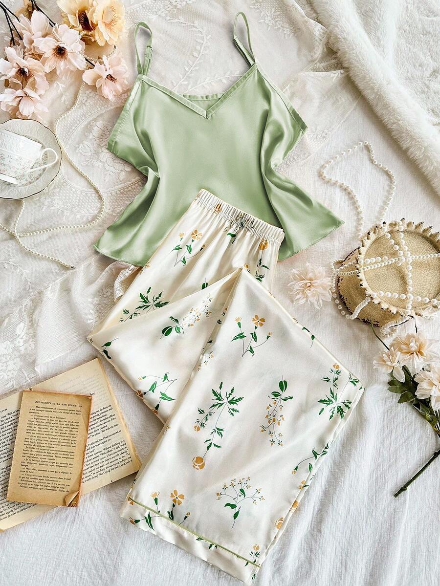 CottageSlumber Bộ đồ ngủ nữ gồm áo hai dây màu trơn và quần in họa tiết, chất liệu giả lụa. - màu xanh lá - Xem 1