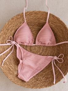 Swim Mod Bộ bikini 2 mảnh màu hồng, dây mảnh, kiểu cổ yếm, họa tiết gợn sóng hai bên, cạp cao, dành cho nữ, thích hợp cho mùa Xuân/Hè 2025. - Hồng - Xem 5