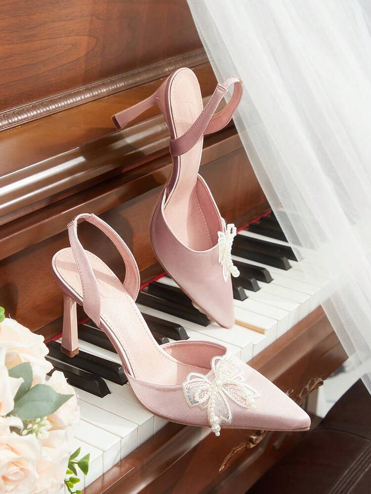 CUCCOO HITCHD Women Shoes Outdoor Women's Pointed Thin High Heel Bow Decorative Satin Fabric Stylish Simple Breathable Comfortable Daily Party Wedding Banquet Slip-On Elastic Band Solid Color Dew Heel High Heel Shoes Elegant Shoes Wedding Shoes