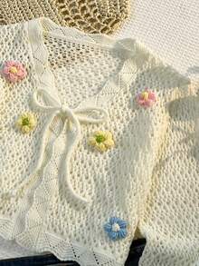 Elamini 女士时尚可爱性感沙滩彩色V领3D立体镂空长袖针织开衫毛衣，夏季 - 彩色 - 查看 4