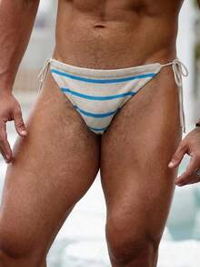 Manfinity Swimmode 男士渐变条纹可调节抽绳休闲沙滩短裤，春夏舒适，钩针编织系带泳裤，适合海滩度假，休闲三角泳裤，男士泳装丁字裤，男士沙滩套装，男士下装，情人节礼物，男士休闲户外沙滩短裤，抽绳腰带，单层无内衬，适合休闲、度假、沙滩装、夏威夷风情。 - 杏色 - 查看 3