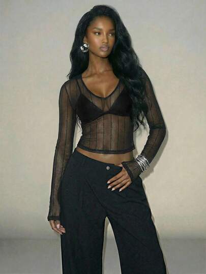 Femmeiva Women's Chic Sexy Sheer Glitter Textured Long Sleeve Tight Fit T-Shirt, Spring/Summer