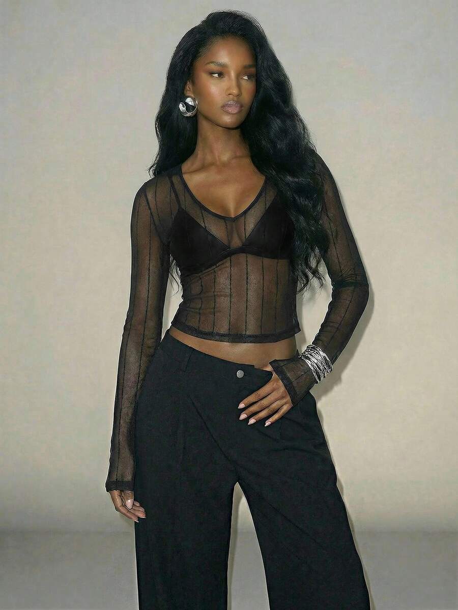 Femmeiva Women's Chic Sexy Sheer Glitter Textured Long Sleeve Tight Fit T-Shirt, Spring/Summer - Dark Grey - View 1