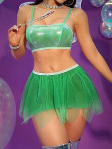 4pcs Set: Ribbed Metallic Camisole, Asymmetrical Mesh Skirt, Butterfly Fairy Wing Ladies Lingerie Costume - Green - View 1