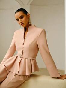 ZEYLAH Waist Cinching Flared Layered Floral Blouse, Spring/Summer - Pink - View 6