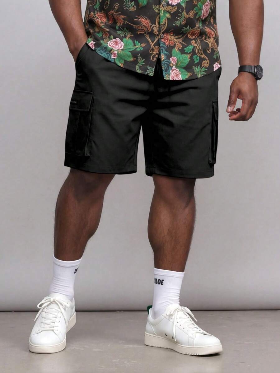 ResortEase Quần short thắt lưng có dây rút màu trơn thường ngày dành cho nam cỡ lớn, mùa hè - màu đen - Xem 1