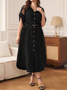 EMERY ROSE 大码女士休闲纯黑色纽扣口袋中长连衣裙，春夏款 - 黑色 - 查看 3