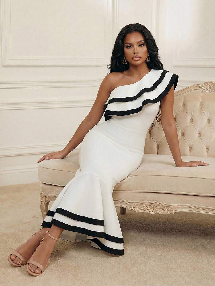 Women's New Sexy Bodycon Pleated Long Lantern Sleeve Bandage Elegant Party Dress, White Ruffle Hem Cocktail Gown