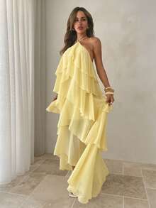 Aloruh Đầm nữ màu vàng trơn xếp ly mới, thích hợp cho mùa xuân/hè. - Vàng nhạt - Xem 4