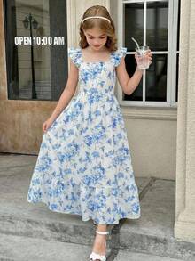 SHEIN 少女优雅休闲度假蓝白碎花短袖连衣裙 - 藍白色 - 查看 4