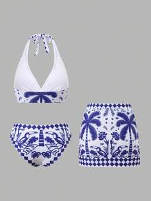 Swim Oasis 三件套女士泳装套装，春夏新款，欧美风，蓝白热带植物、椰子树、鹦鹉印花设计，挂脖系带上衣，常规泳裤，侧边系带罩裙，适合沙滩、泳池、度假穿着。三件套泳装，女士沙滩套装，泳装绿洲三件套。 - 藍白色 - 查看 4