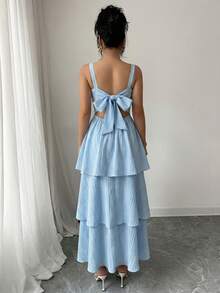 Elenzga Women's Elegant Sleeveless Layered Ruffle Dress, Textured Fabric, Suitable For Beach Dates, Spring/Summer - Blue - View 2