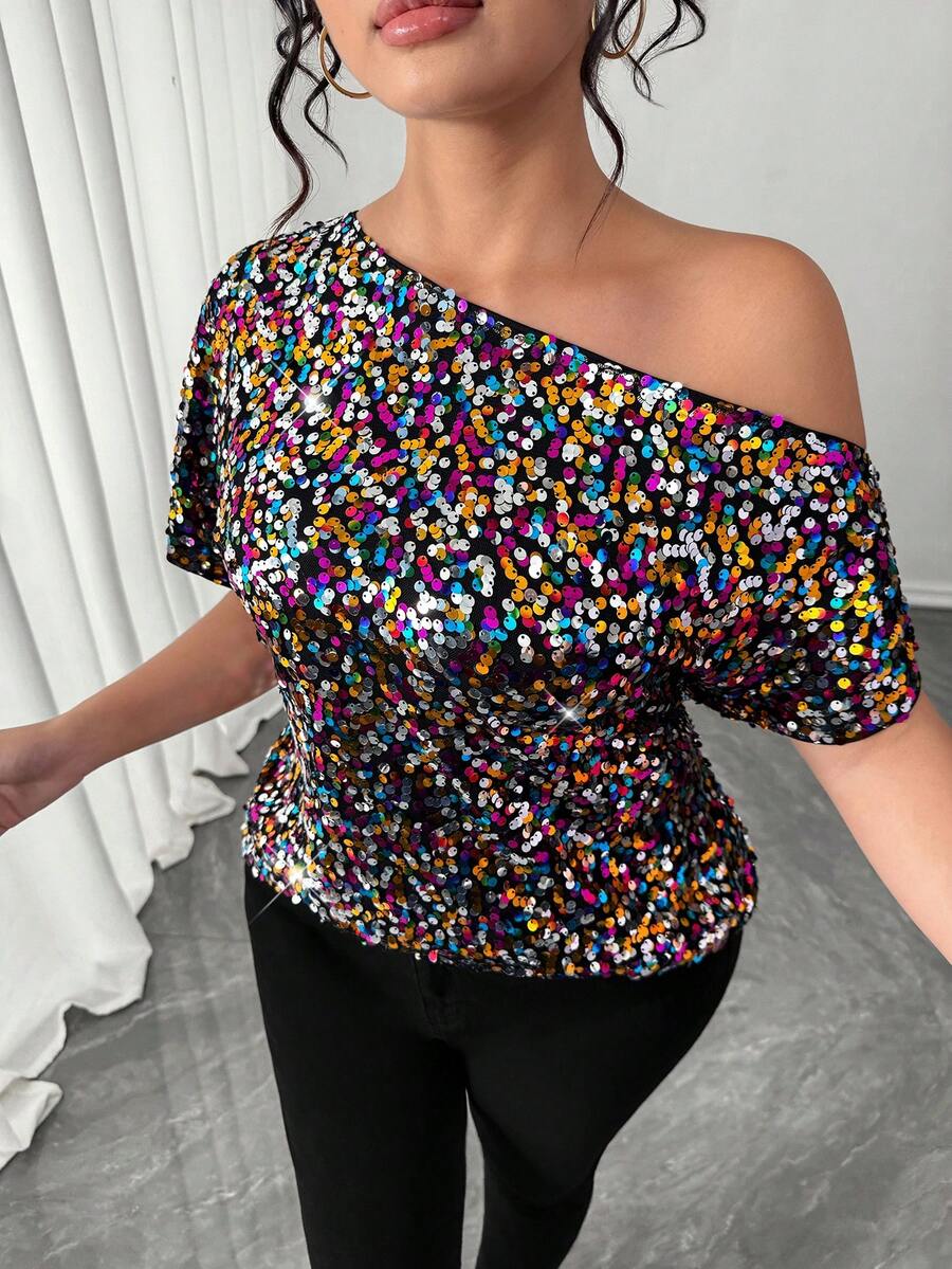 Elenzga Plus Size Women's Fashionable Colorful Beaded Cold Shoulder Top